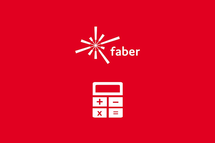 weißes Faber-Logo auf rotem Hintergrund mit weißem Taschenrechner-Icon