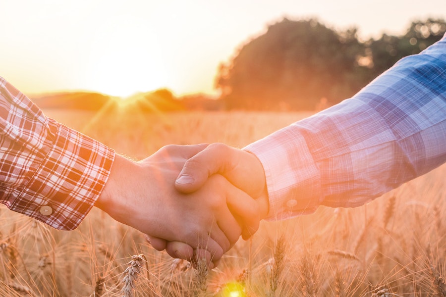 Two farmers shake hands in front of a wheat field at sunset