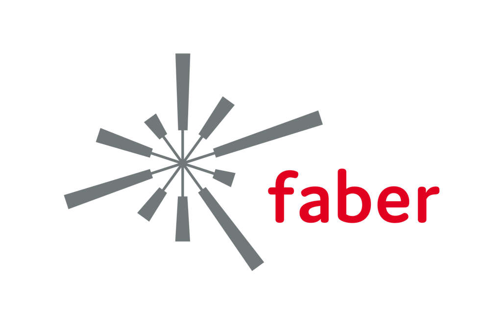 Faber logo grey star-like icon, red faber lettering to the right