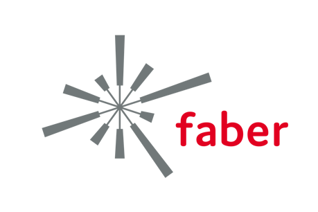 Faber logo grey star-like icon, red faber lettering to the right