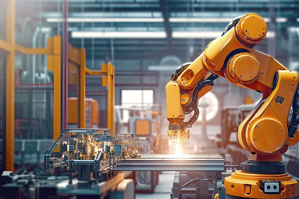 Industrieroboter arbeitet automatisch in einer intelligenten autonomen Fabrik